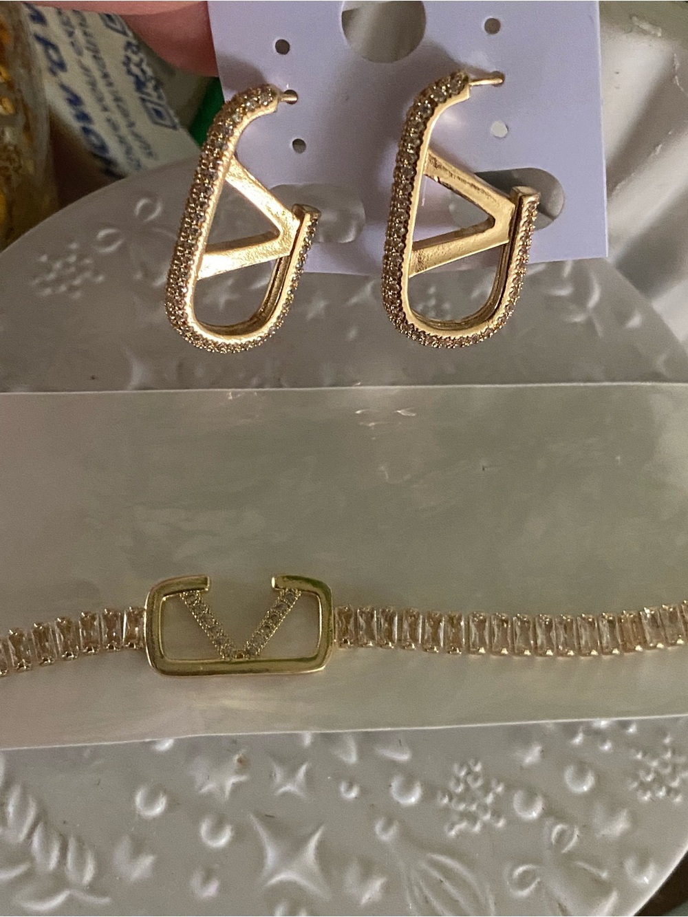 Gold color V Initial Hoop Earrings and Bracelet Set. Good quality.